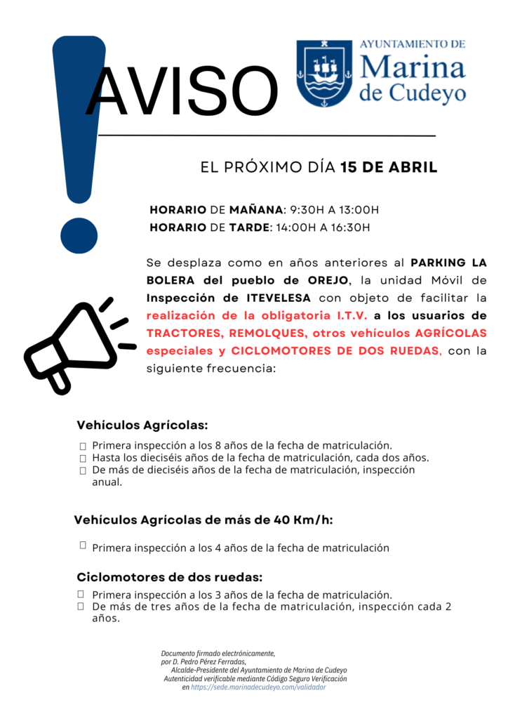 AVISO: I.T.V. (tractores, remolques, vehículos agrícolas especiales y ciclomotores de dos ruedas)