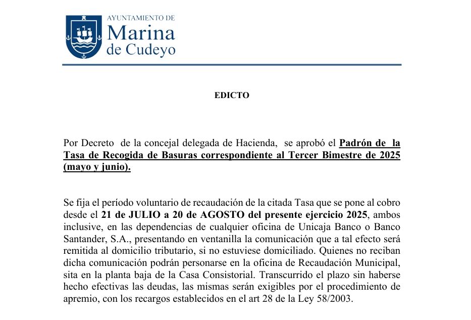 EDICTO | Padrón de la Tasa de Recogida de Basuras correspondiente al Tercer Bimestre de 2025